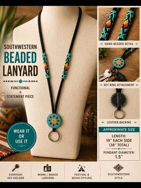Hand Beaded Custom Southwestern Lanyard Turquoise Boho Key Holder Ring Necklace